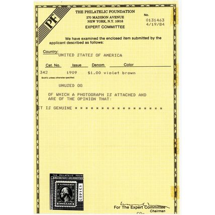 342, Mint VF VLH $1 Nice Fresh Stamp With PFC Certificate * Stuart Katz