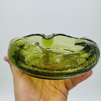 Viking Art Glass Cigar Ashtray Green Crackle MCM Vintage 7in