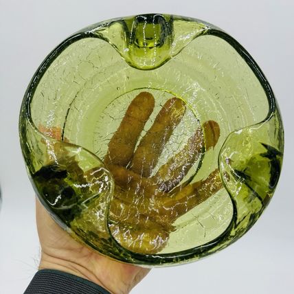 Viking Art Glass Cigar Ashtray Green Crackle MCM Vintage 7in