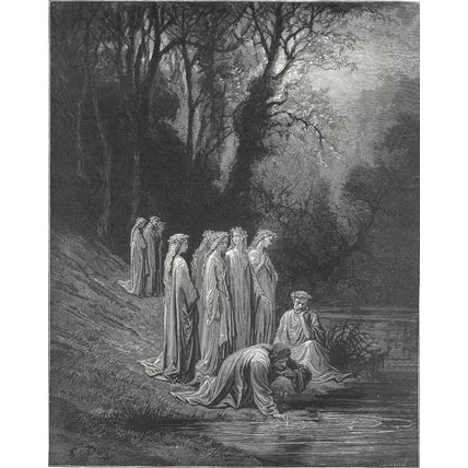 DANTE DRINKING FROM THE EUNOE 1903 Gustave Doré ANTIQUE ENGRAVING