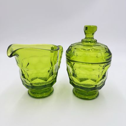 MCM Viking Art Glass GREEN GEORGIAN New Martinsville Cream and Sugar Set