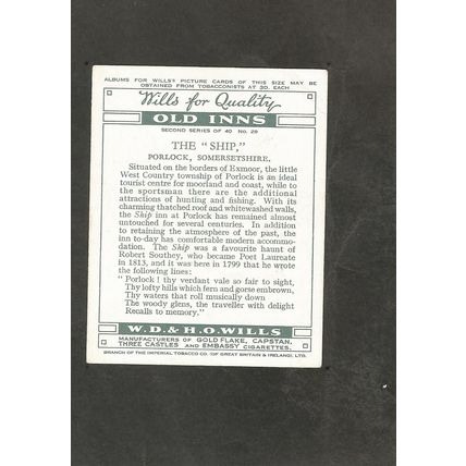 Cigarette Card Wills Old Inns 2nd 1939 The Ship Porlock Somerset #29