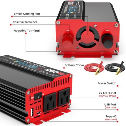 500 Watt Power Inverter 12V DC to 110V/120V AC Inverter with LCD Screen Display,
