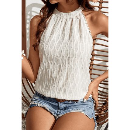 Beige Frenchy Lace Trim Textured Halter Tank Top