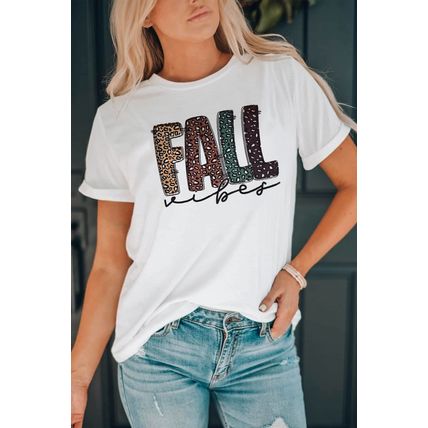 White FALL Vibe Leopard Print Crew Neck T Shirt