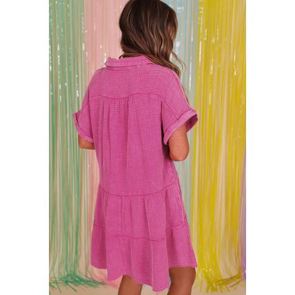 Strawberry Pink Mineral Wash Crinkle Split Neck Raw Hem Tiered Dress