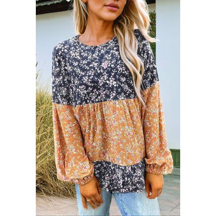 Blue Floral Color Block Patchwork Ruffled Hem Round Neck Blouse