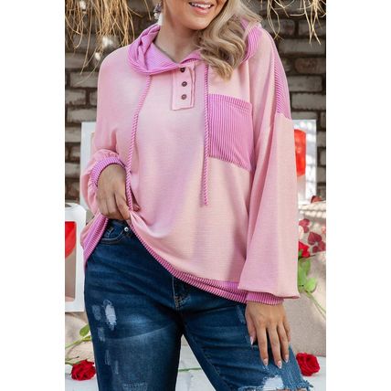 Pink Corded Colorblock Patchwork Plus Size Hoodie