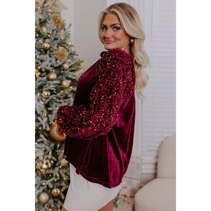 Red Dahlia Sequin Patchwork Sleeve Button Up Velvet Top