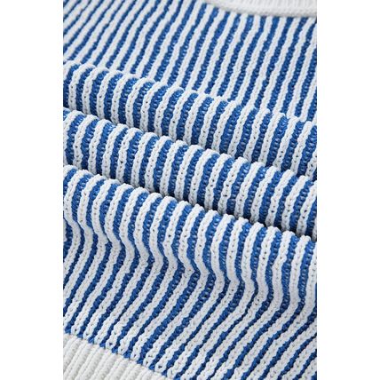 Dark Blue Striped Textured Knit Contrast Edge Loose Sweater
