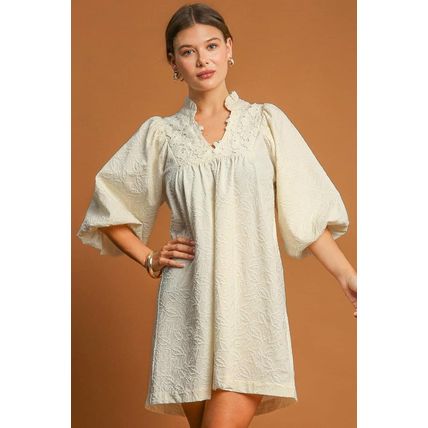White Floral Textured Bubble Sleeve Frilled Notched Neck Dress