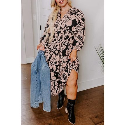 Black Plus Size Floral Printed Puff Sleeve Collared Maxi Dress