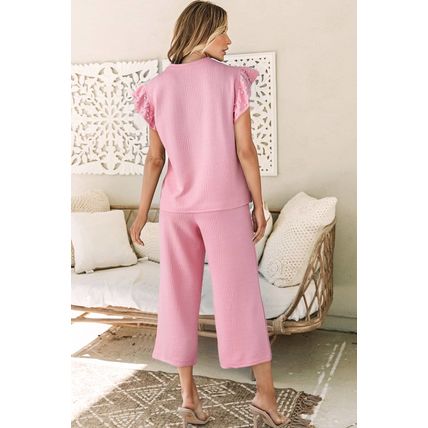 Pink Textured Pearled Ruffled Sleeve Wide Leg Pants Set