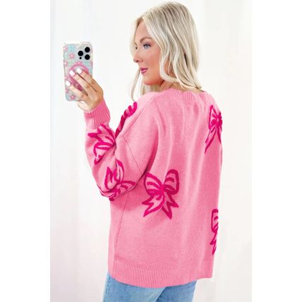 Pink Bow Pattern Drop Shoulder Loose Sweater