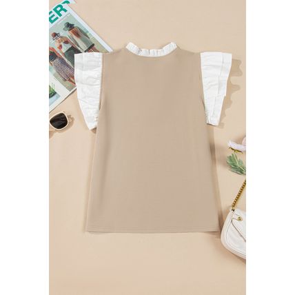 Pale Khaki Contrast V Neck Ruffled Textured Knit Top