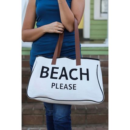 Bright White BEACH PLEASE Print Large Canvas Tote Bag