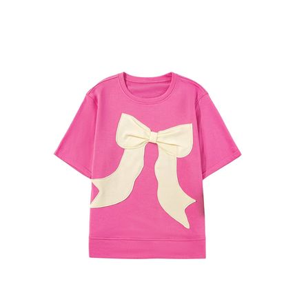 Strawberry Pink Contrasting Color Ribbon Bow Front Patch Loose Tee with Slits