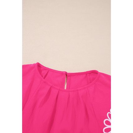 Sachet Pink Floral Embroidered Flutter Sleeve Pleated Neck Blouse
