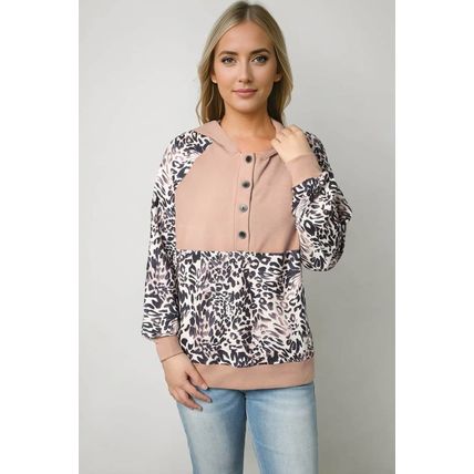 Leopard Print Buttoned Neckline Raglan Sleeve Hoodie