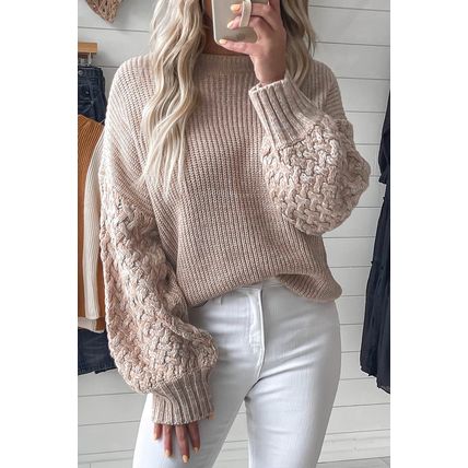 Parchment Cable Knit Sleeve Drop Shoulder Sweater