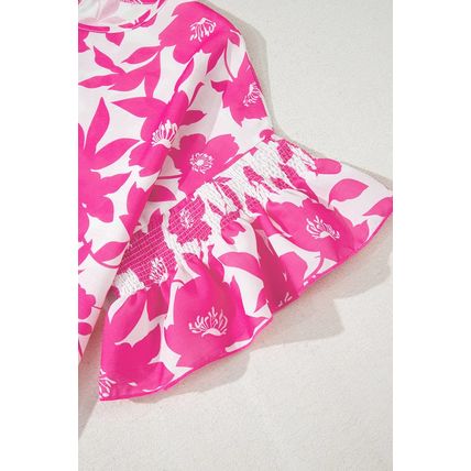 Pink Floral Printed Ruffled Short Sleeve Round Neck Loose Blouse