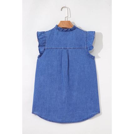 Sky Blue Mineral Wash Frilled Button Up Denim Shirt