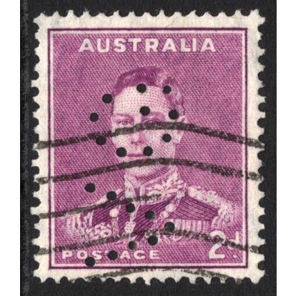 AUSTRALIA 1937/41: KING GEORGE VI DEFINITIVES - 2d PURPLE 'VG' PERFIN USED (G1)