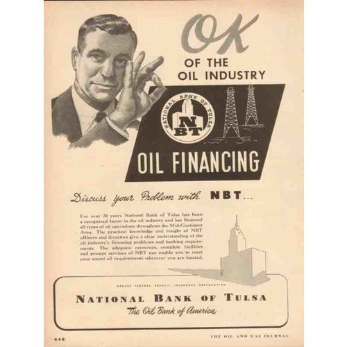 NATIONAL BANK OF TULSA 1954 OK the oil industry financing vintage ad