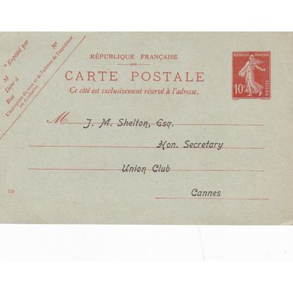 The Union Club Cannes France 10c Sower Postal card typed VGC