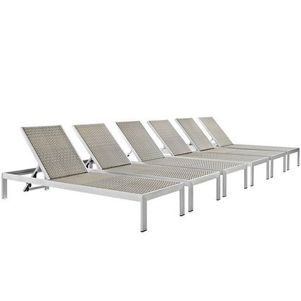 Set Of 6 Sun Lounge Chairs Aluminum Silver Frame Gray Rattan Commercial Quality
