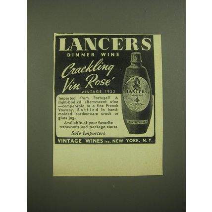 1946 Lancers Dinner Wine Advertisement - Crackling Vin Rose Vintage 1933