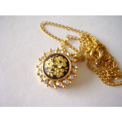 Vintage Necklace Damascene Flower Small Pendant White Crystal Surround Toledo