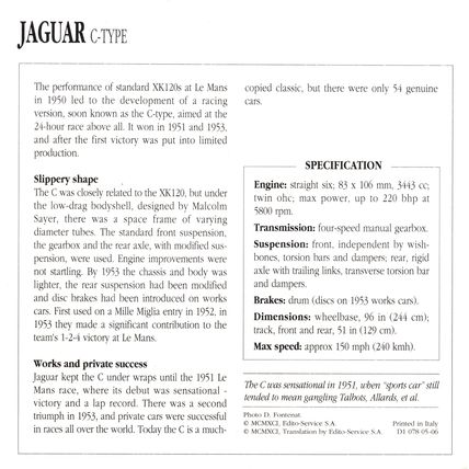 Collectors Club card. Classic Cars. Jaguar C-Type