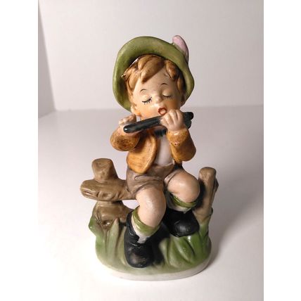 Boy Sitting On Fence Playing Flute Porcelain Figurine Home Decor Farmhouse VTG