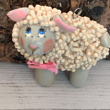 Darling VTG 70s Salt Dough Ornament Girl Sheep W Blue Eyes Pink Cheeks Ears 2.25