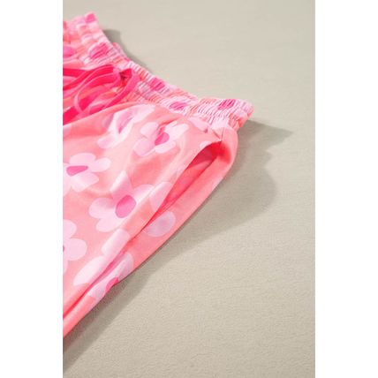 Pink Flower Print Short Sleeve Shirt Pajamas Set