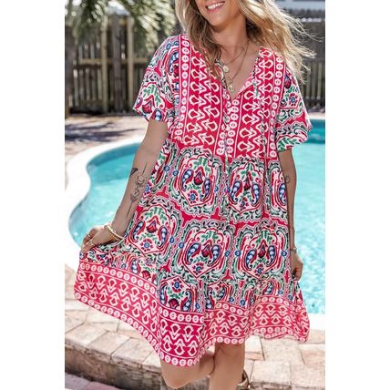 Pink Bohemian Print Tie Neck Ruffle Hem Short Dress