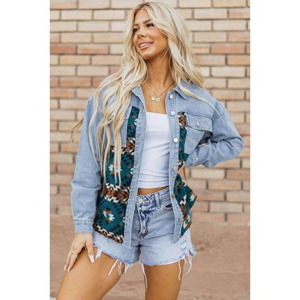 Blue Aztec Printed Denim Jacket