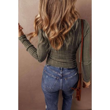 Jungle Green Ribbed Knit Half Button Slim Fit Blouse