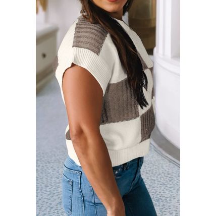 Khaki Checkered Color Block Crew Neck Short Sleeve Sweater