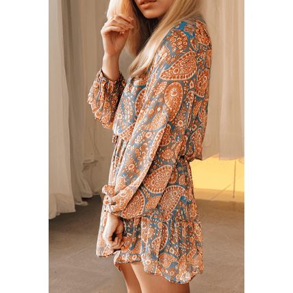 Orange Paisley Print Loose Fit Drawstring High Waist Mini Dress
