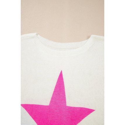 White Star Pattern Colorblock Striped Edge Drop Shoulder Sweater