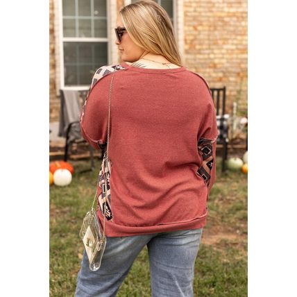 Redwood Burl Aztec Patchwork Drop Shoulder Plus Size High Low Sweatshirt