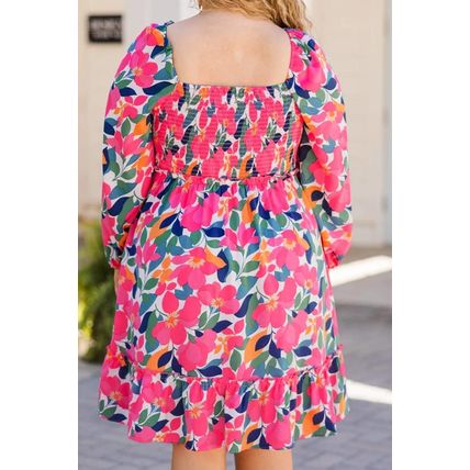 Rose Flower Print Smocked Square Neck Plus Size Dress