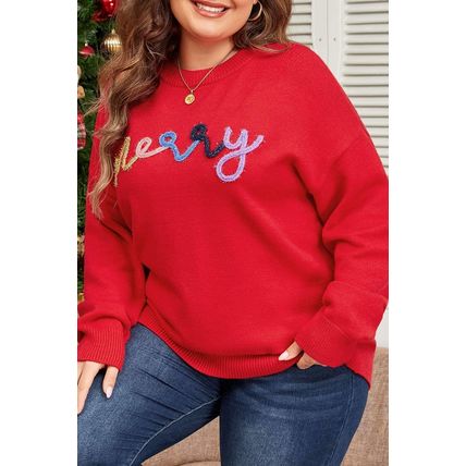 Fiery Red Tinsel merry Pattern Drop Shoulder Plus Size Sweater