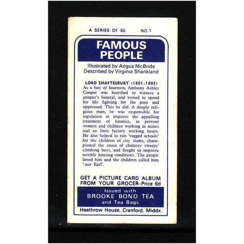 Brook Bond Famous People Lord Shaftesbury Card No 1 Mint