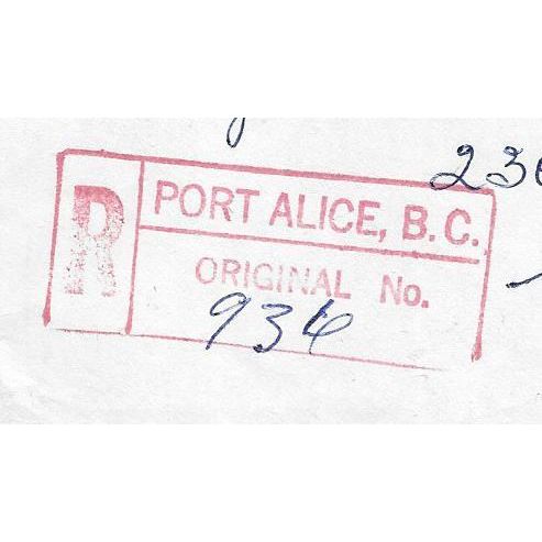 Port Alice, BC REGISTERED cancel 1956,