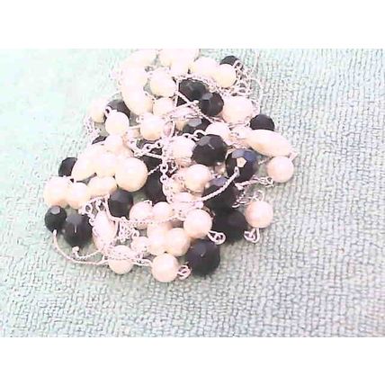 Long Silver Tone 2 Strand Necklace with Stationed Black White Beads