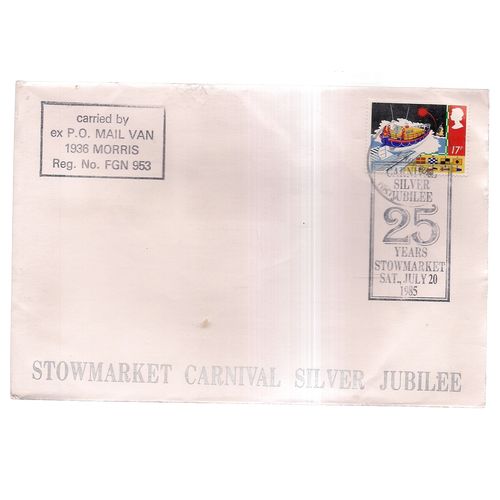 STOWMARKET CARNIVAL SILVER JUBILEE Suffolk. Posted envelope 1985 with stamp =