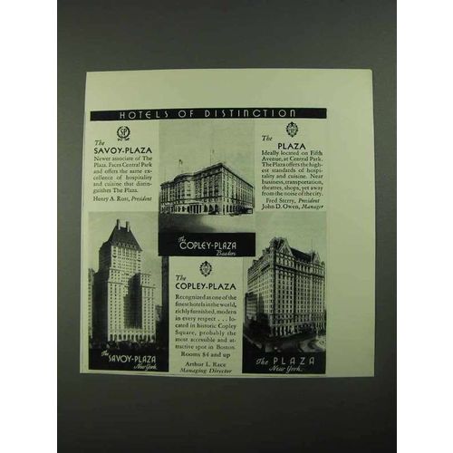 1931 Savoy-Plaza, Plaza and Copley-Plaza Hotels Ad